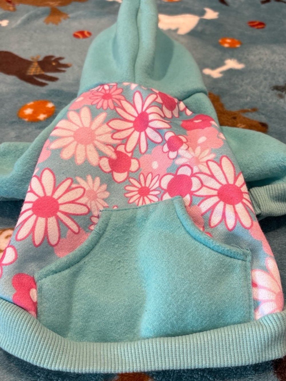 Small Pets Floral Hoodie — Aqua with Pink Flowers
